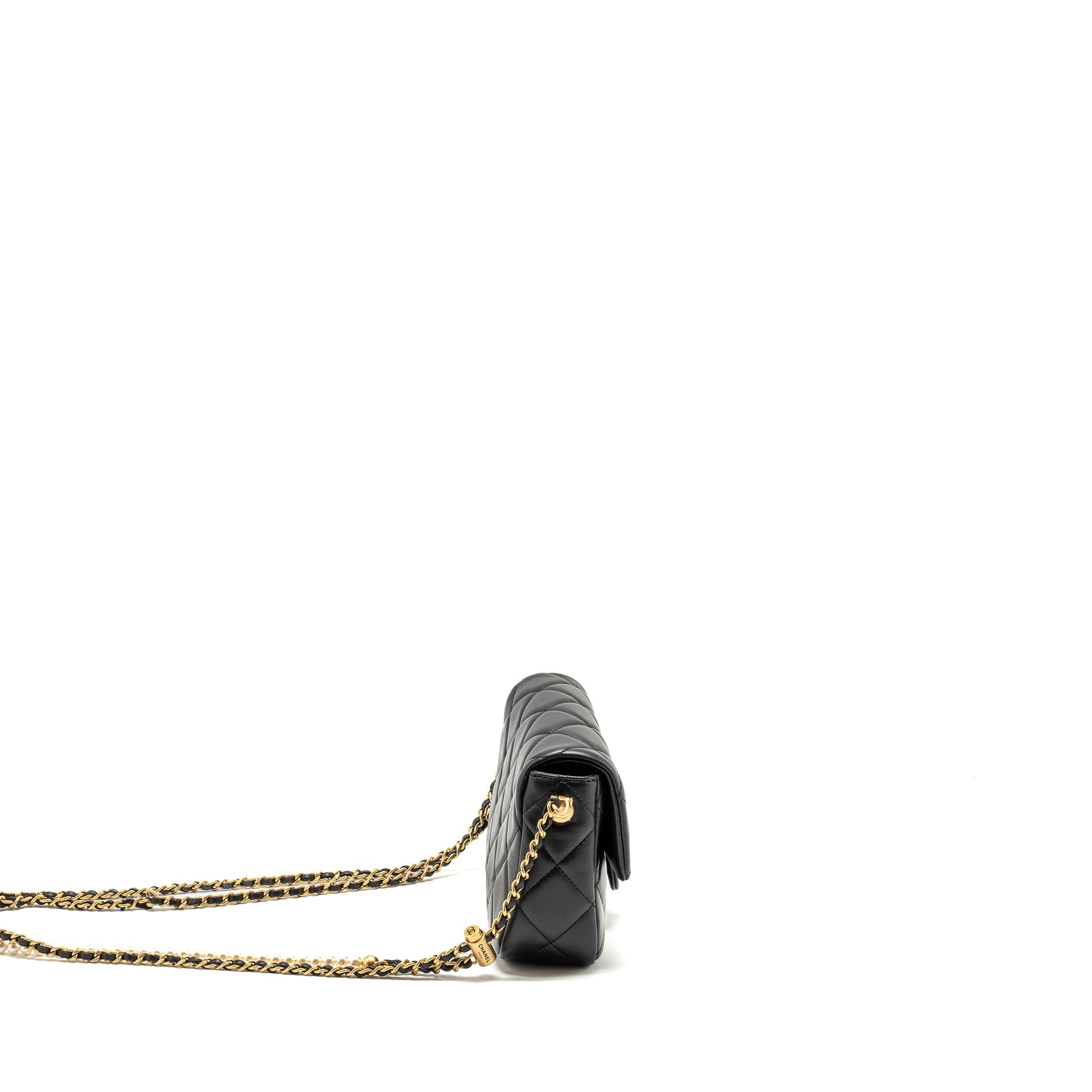 CHANEL MY PERFECT MINI FLAP BAG WITH PEARL CHAIN LAMBSKIN BLACK GHW (MICROCHIP)