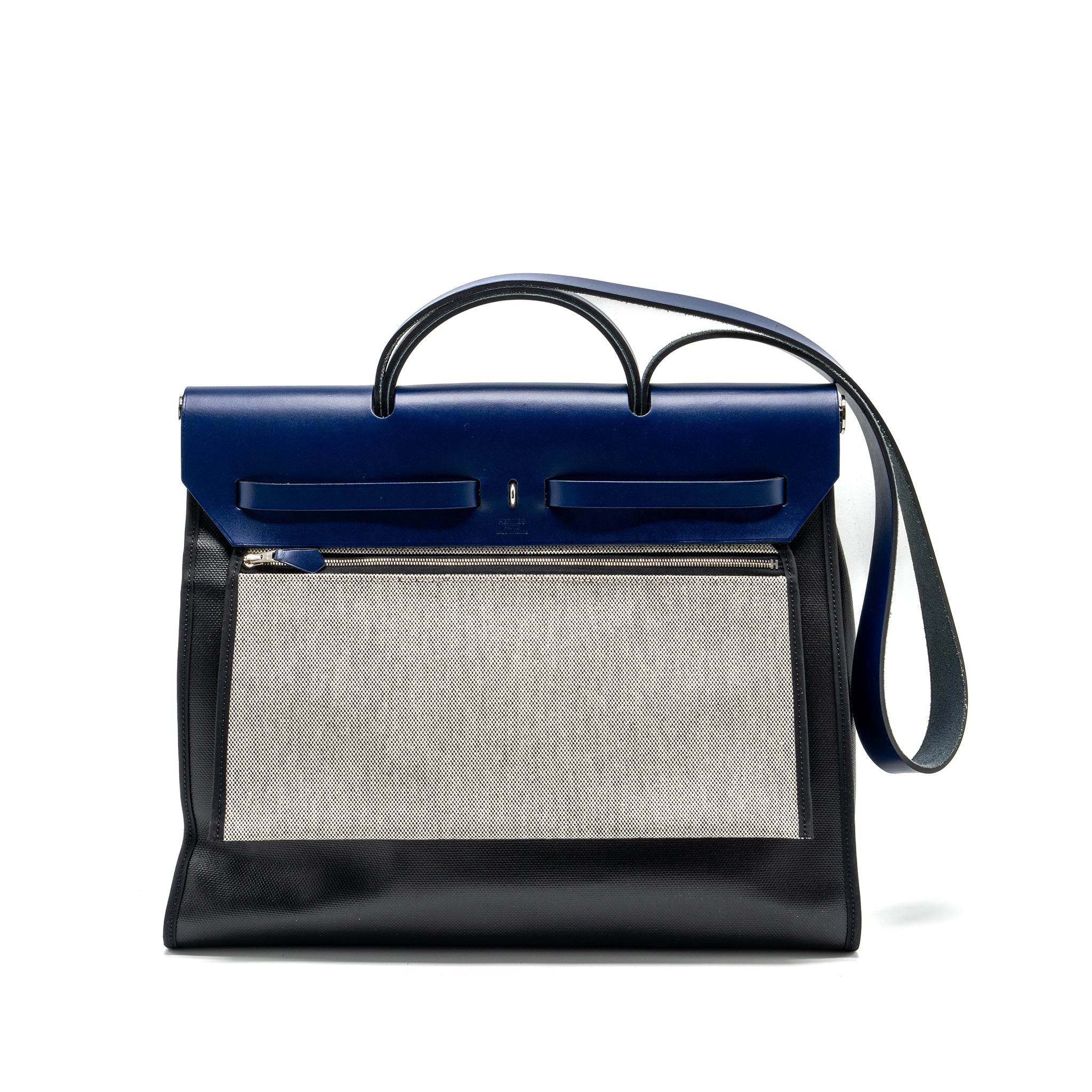 HERMES HERBAG ZIP 39 BAG BERLINE CANVAS/LEATHER BLACK/BLUE SHW