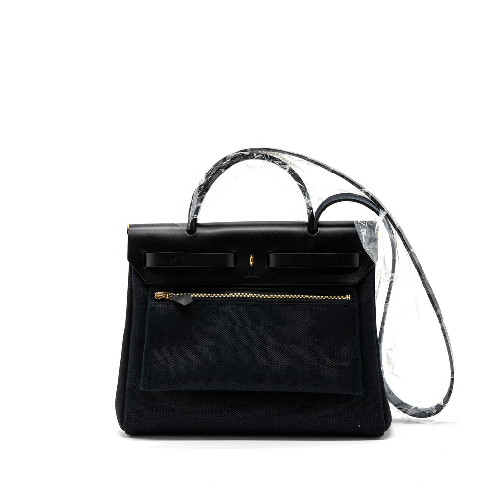 HERMES HERBAG 31 ZIP BAG CANVAS/ HUNTER LEATHER BLACK GHW