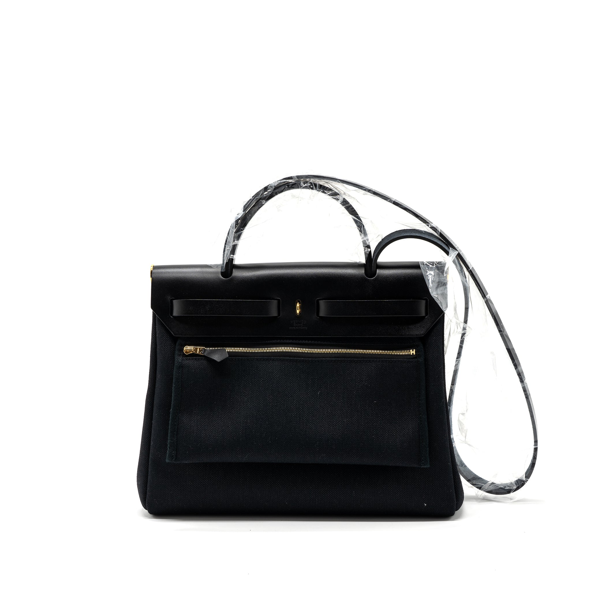HERMES HERBAG 31 ZIP BAG CANVAS/ HUNTER LEATHER BLACK GHW