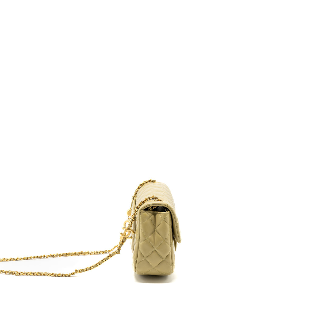 CHANEL QUILTED FLAP BAG WITH COCO LOVE CHAIN LAMBSKIN KHAKI GREEN GHW(MICROCHIP)
