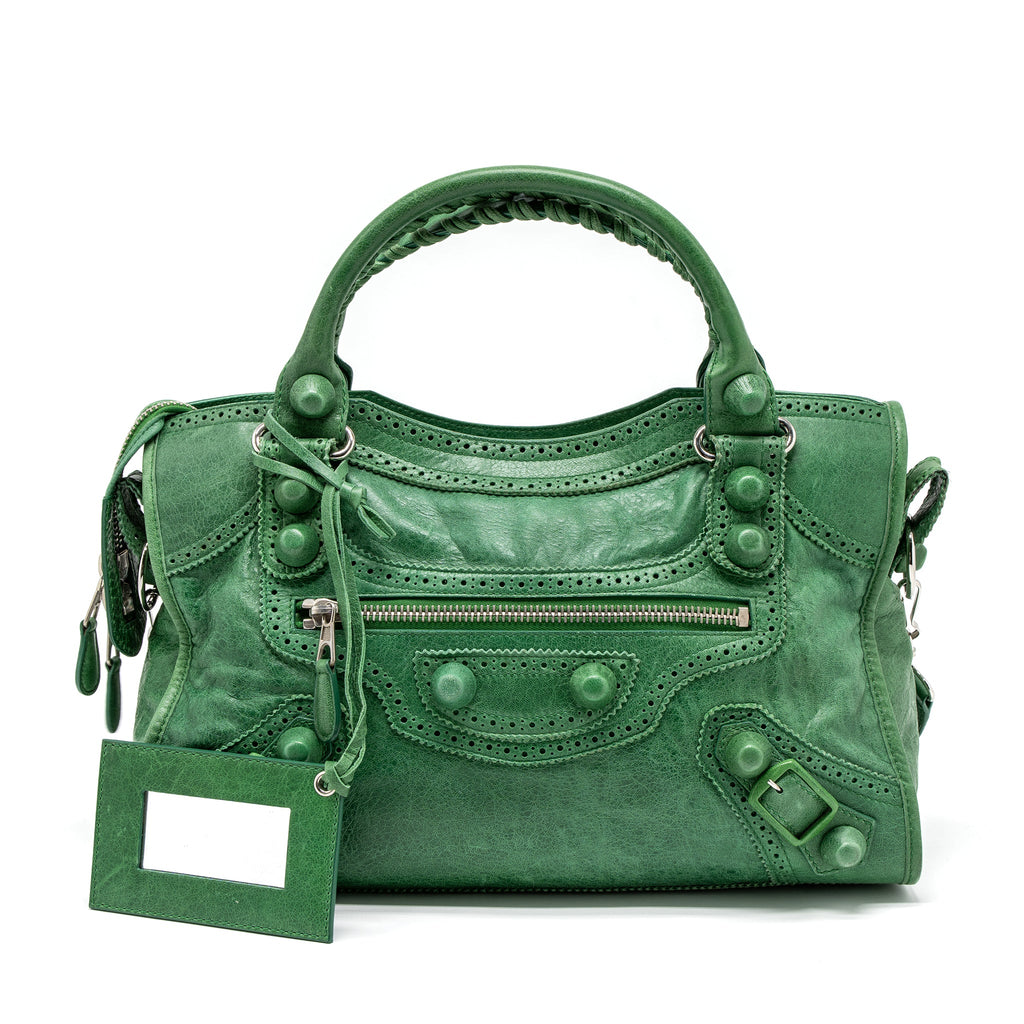 BALENCIAGA LACE CITY BAG LEATHER GREEN SHW