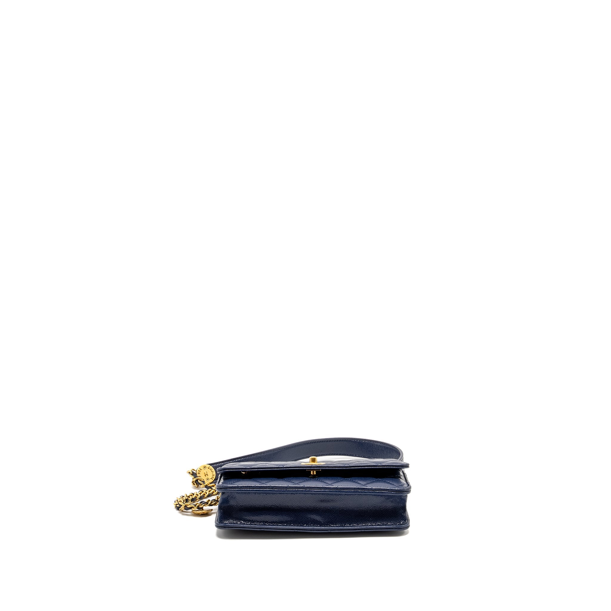 CHANEL 22A TWIST YOUR BUTTON WALLET ON CHAIN CAVIAR NAVY GHW (MICROCHIP)