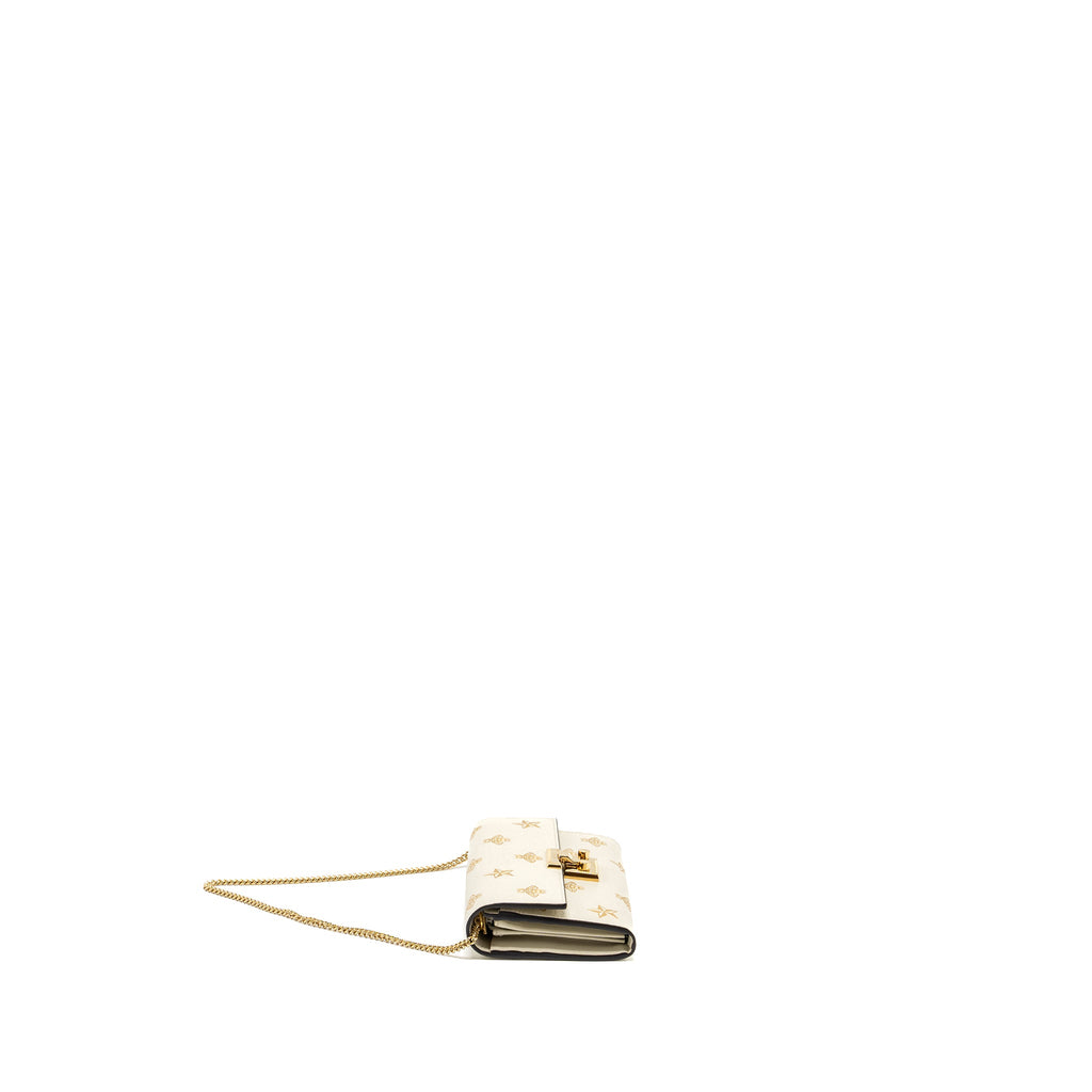 GUCCI MINI PADLOCK POUCH WITH CHAIN WITH BEE PRINTED CALFSKIN WHITE/GOLD GHW