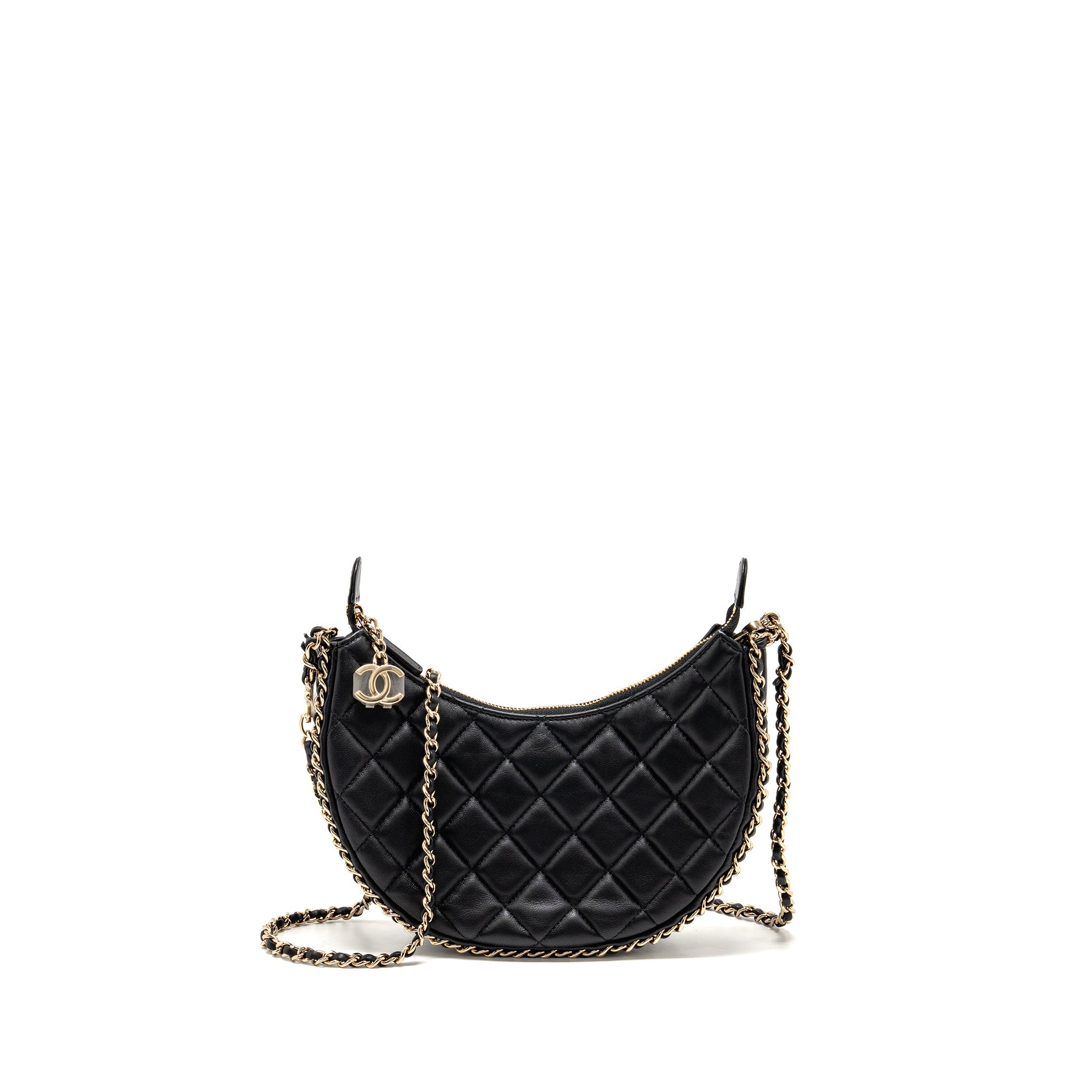 CHANEL SMALL HALF MOON HOBO BAG LAMBSKIN BLACK LGHW (MICROCHIP)