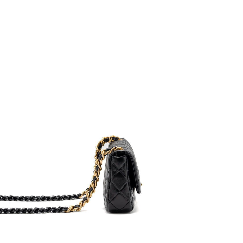 CHANEL QUILTED FLAP BAG GIANT CHAIN LAMBSKIN BLACK GOLD AND BLACK HARDWARE (MICROCHIP)