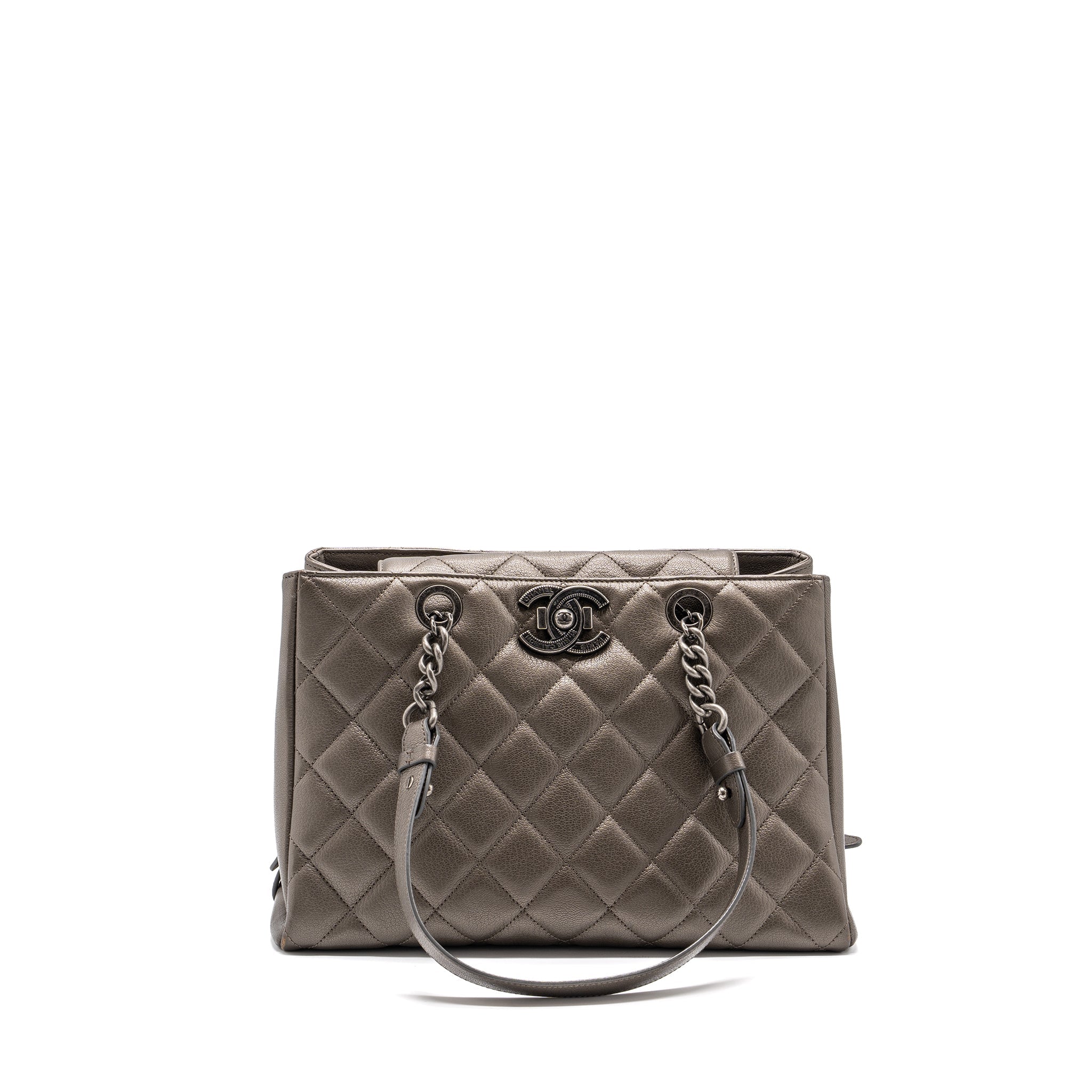 CHANEL QUILTED TOTE BAG GOATSKIN SILVER RUTHENIUM HARDWARE