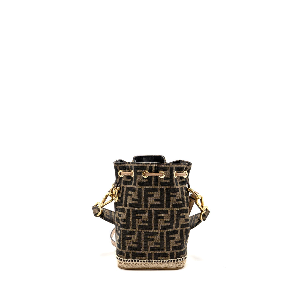 FENDI MINI MON TRESOR BUCKET BAG FF JACQUARD RAFFIA/FABRIC/CALFSKIN BROWN GHW