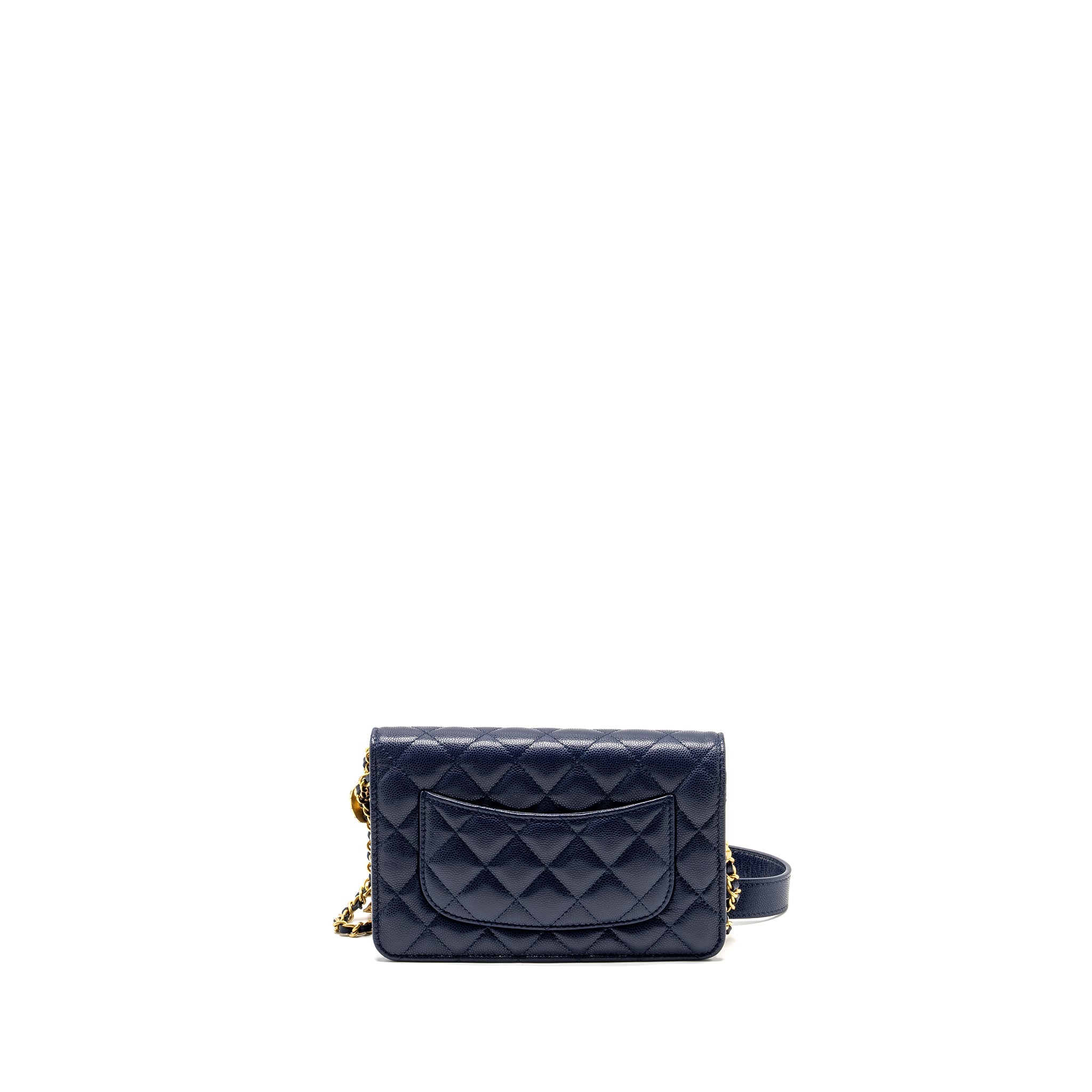 CHANEL 22A TWIST YOUR BUTTON WALLET ON CHAIN CAVIAR NAVY GHW (MICROCHIP)