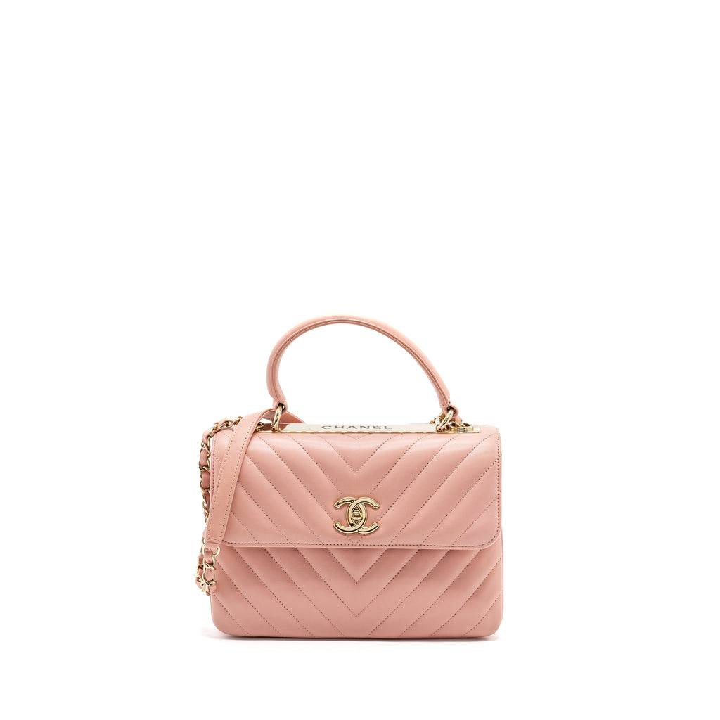 CHANEL CHEVRON TRENDY CC TOP HANDLE FLAP BAG LAMBSKIN LIGHT PINK LGHW