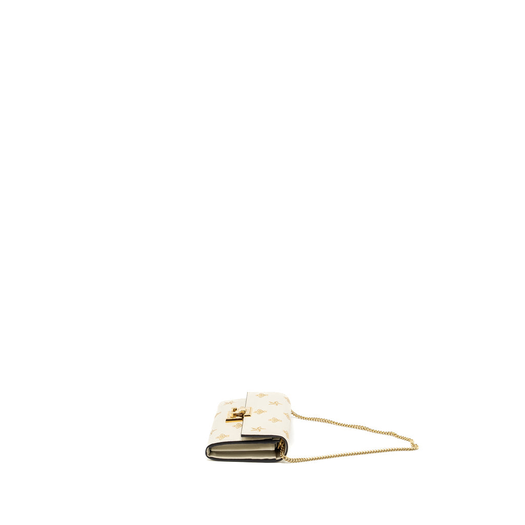 GUCCI MINI PADLOCK POUCH WITH CHAIN WITH BEE PRINTED CALFSKIN WHITE/GOLD GHW