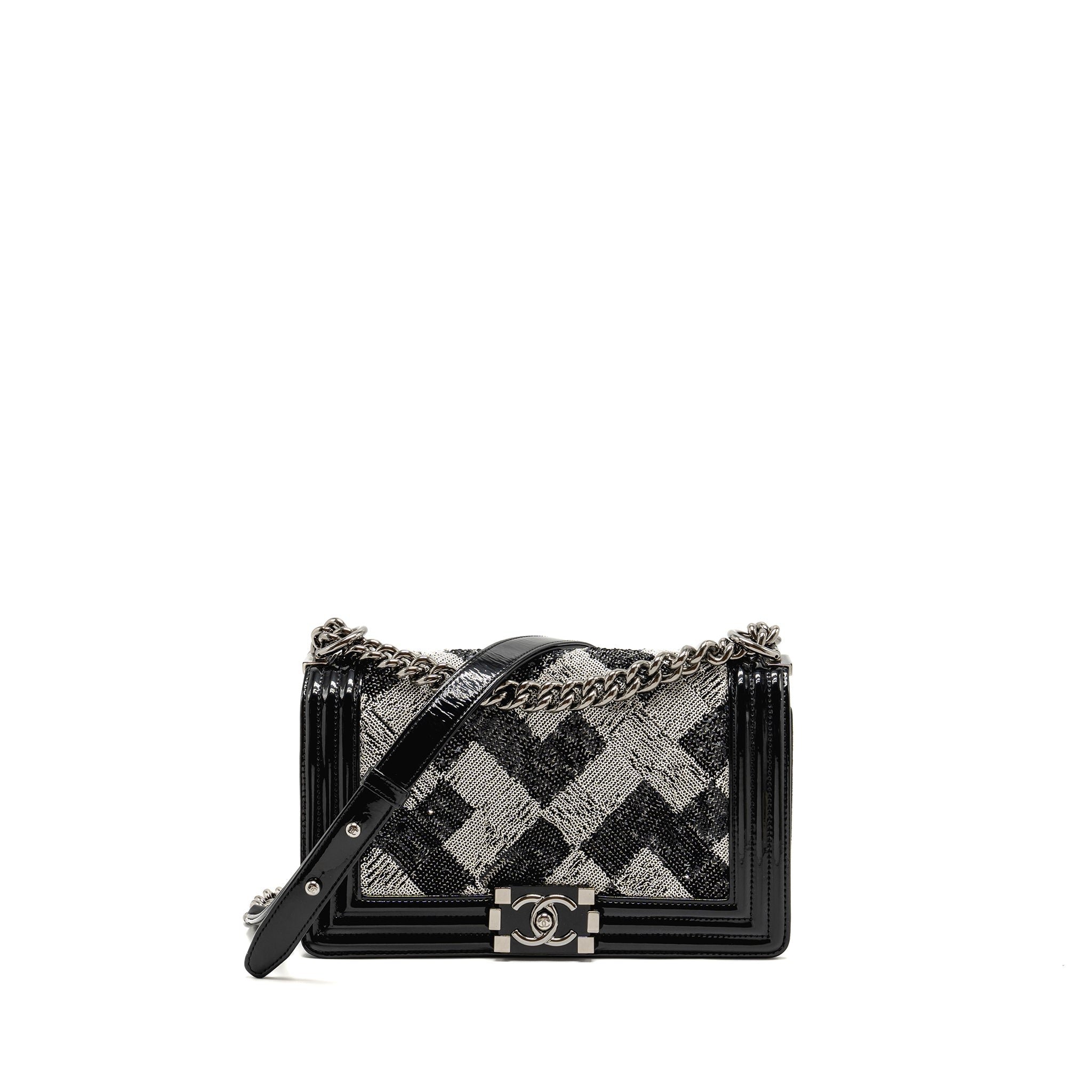 CHANEL MEDIUM BOY BAG SEQUIN/PATENT BLACK/WHITE SHW