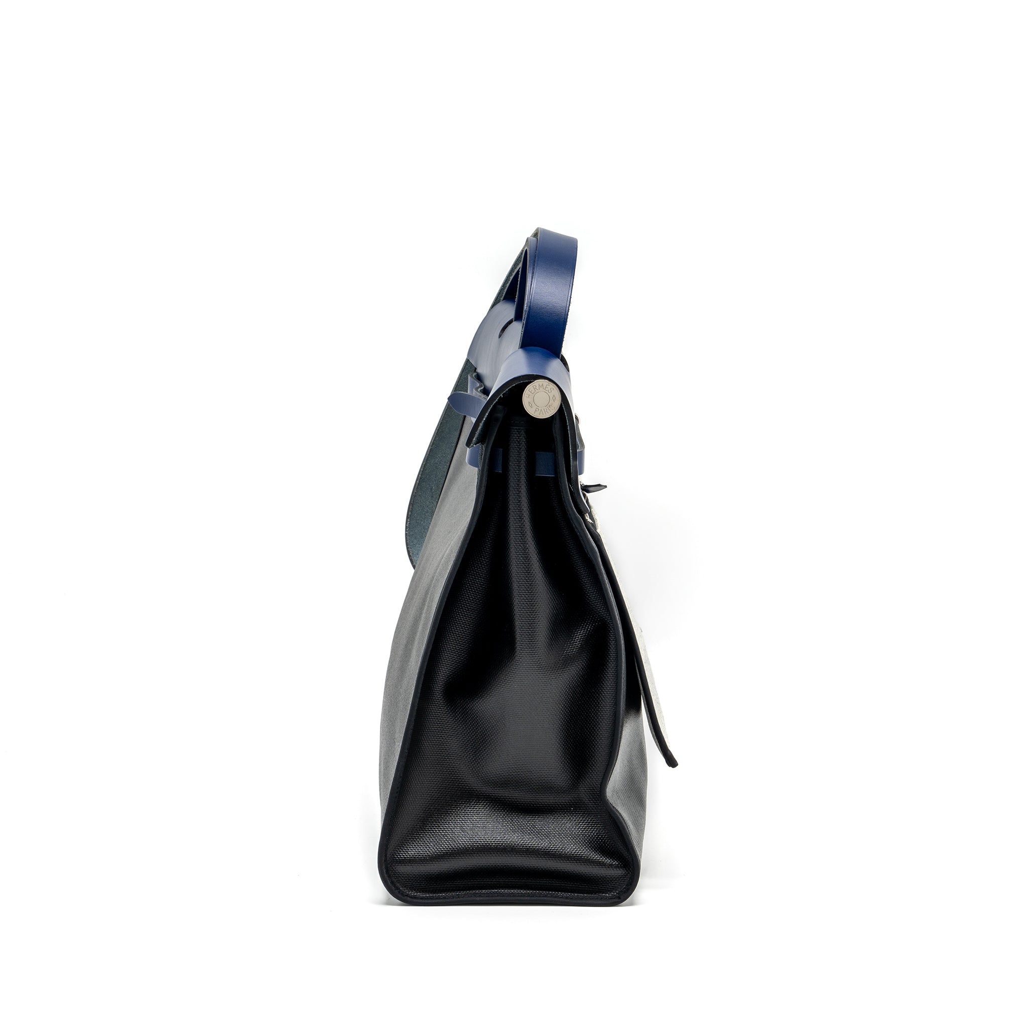 HERMES HERBAG ZIP 39 BAG BERLINE CANVAS/LEATHER BLACK/BLUE SHW