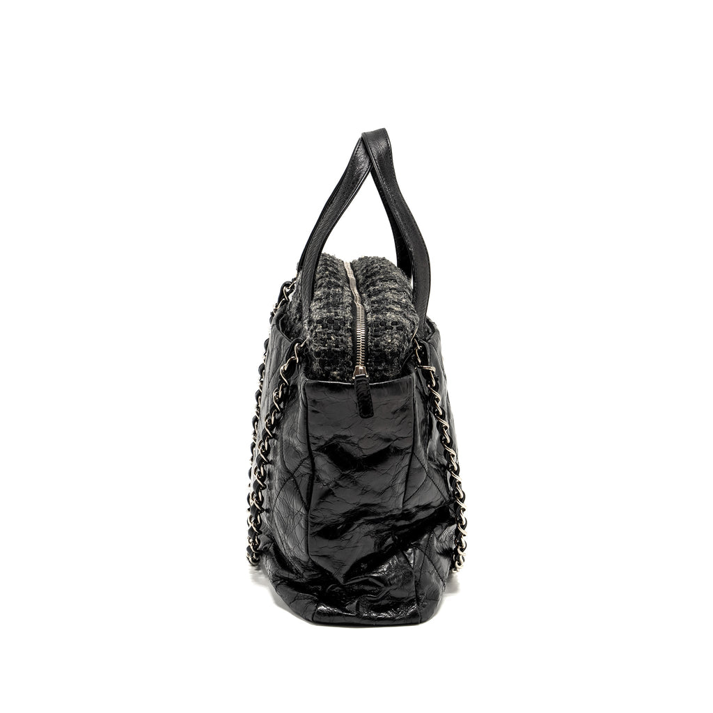 CHANEL PORTOBELLO TOTE BAG CALFSKIN/TWEED BLACK/GREY SHW