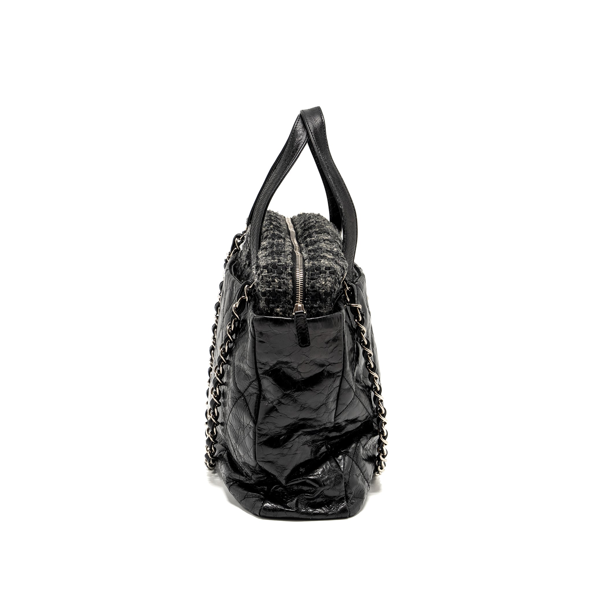 CHANEL PORTOBELLO TOTE BAG CALFSKIN/TWEED BLACK/GREY SHW