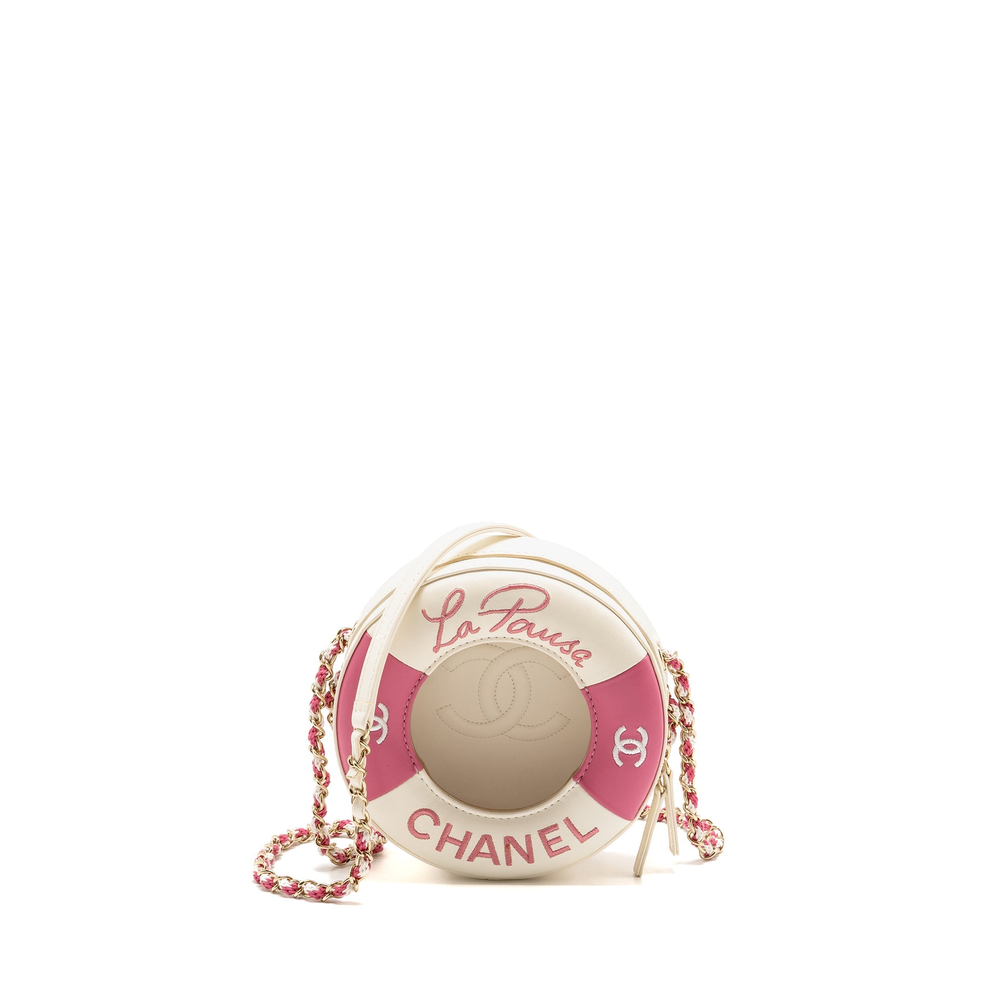 CHANEL 19C LA PAUSA LIFESAVER BAG LAMBSKIN/PVC PINK/WHITE LGHW