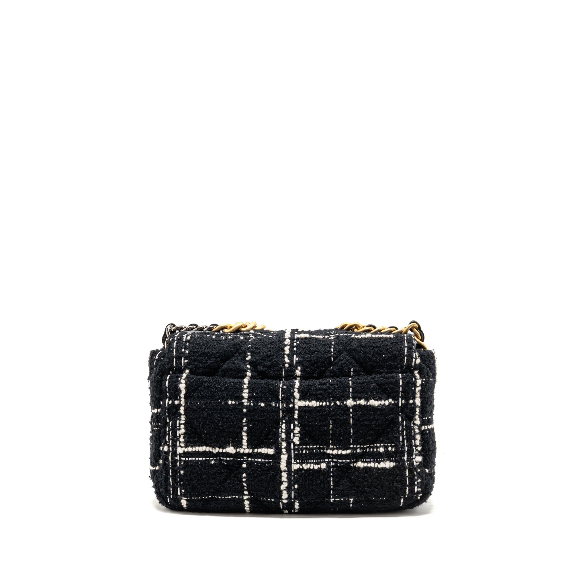 CHANEL SMALL 19 BAG TWEED BLACK / WHITE MULTICOLOUR HARDWARE (MICROCHIP)