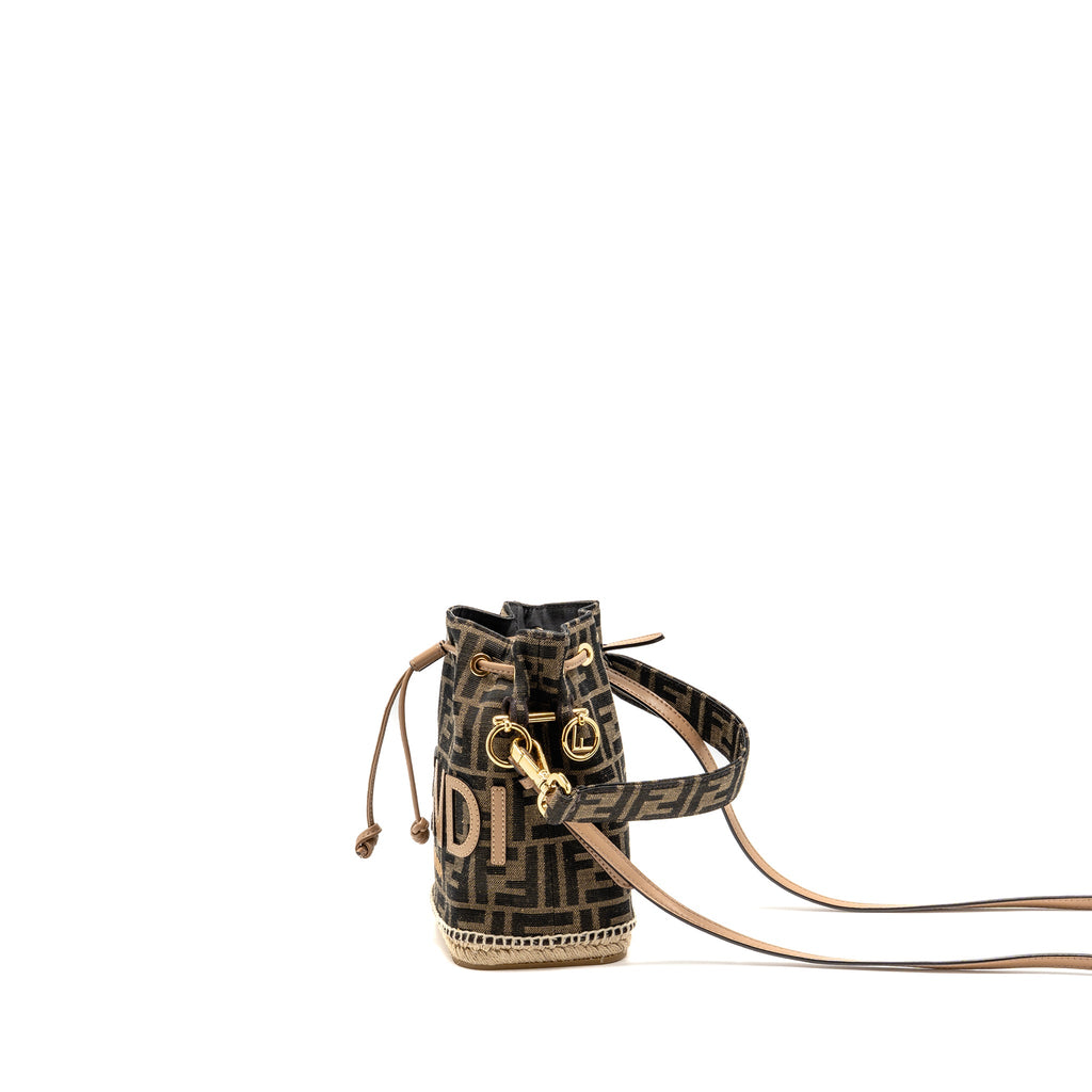 FENDI MINI MON TRESOR BUCKET BAG FF JACQUARD RAFFIA/FABRIC/CALFSKIN BROWN GHW