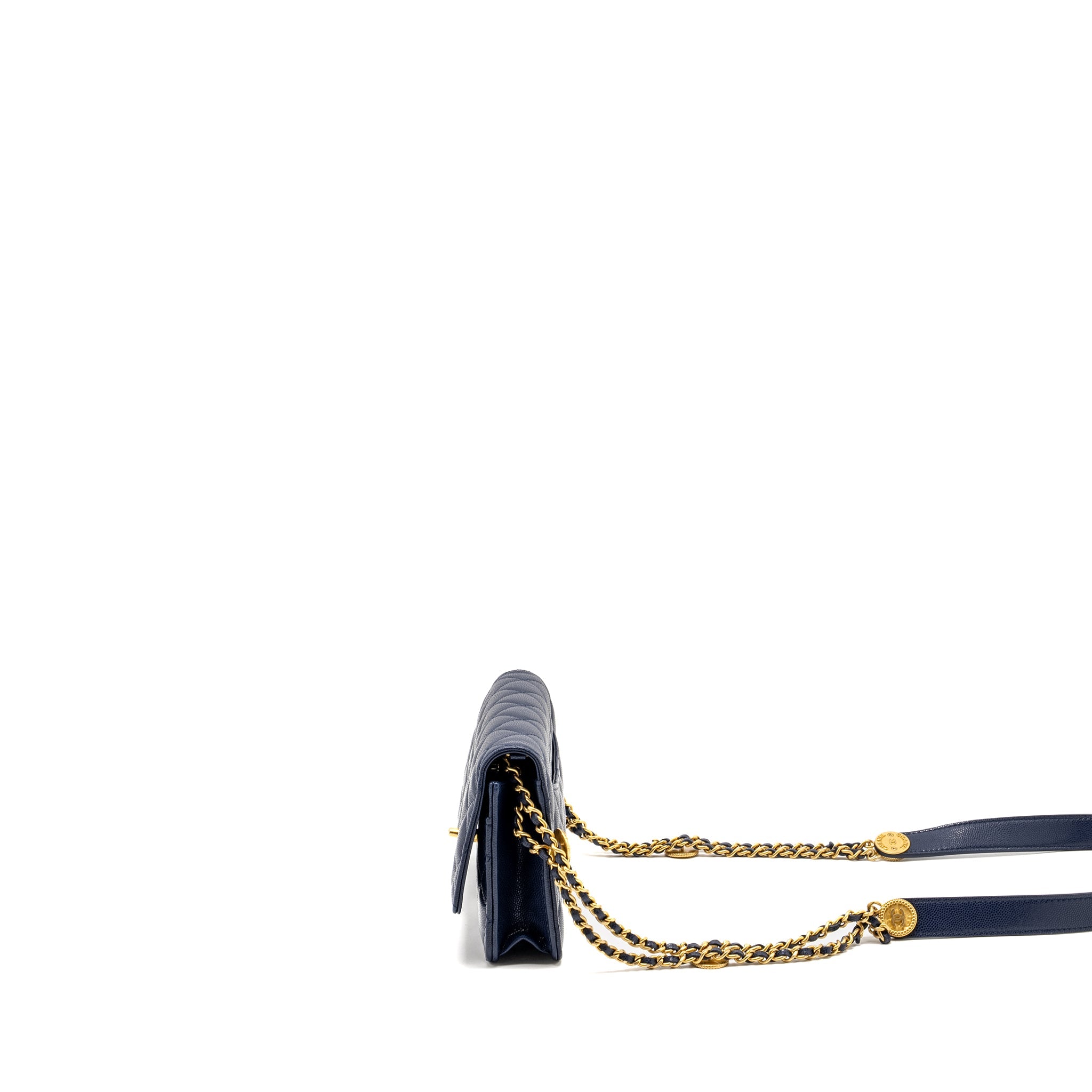 CHANEL 22A TWIST YOUR BUTTON WALLET ON CHAIN CAVIAR NAVY GHW (MICROCHIP)