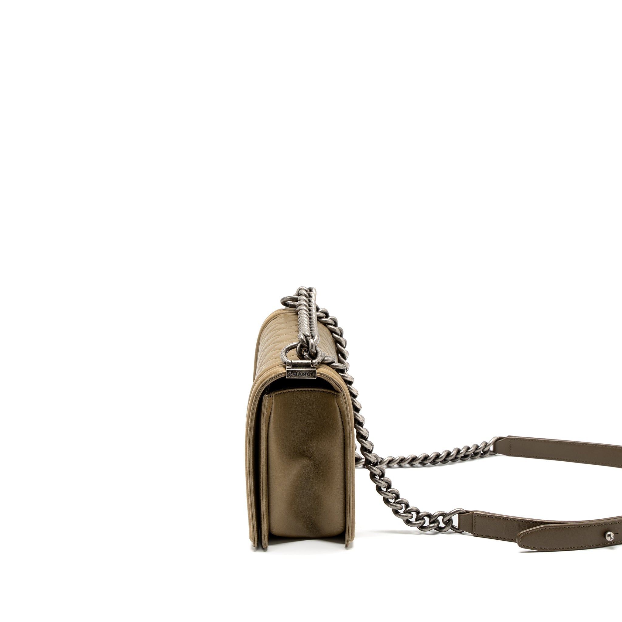 CHANEL MEDIUM BOY BAG LAMBSKIN KHAKI RUTHENIUM HARDWARE