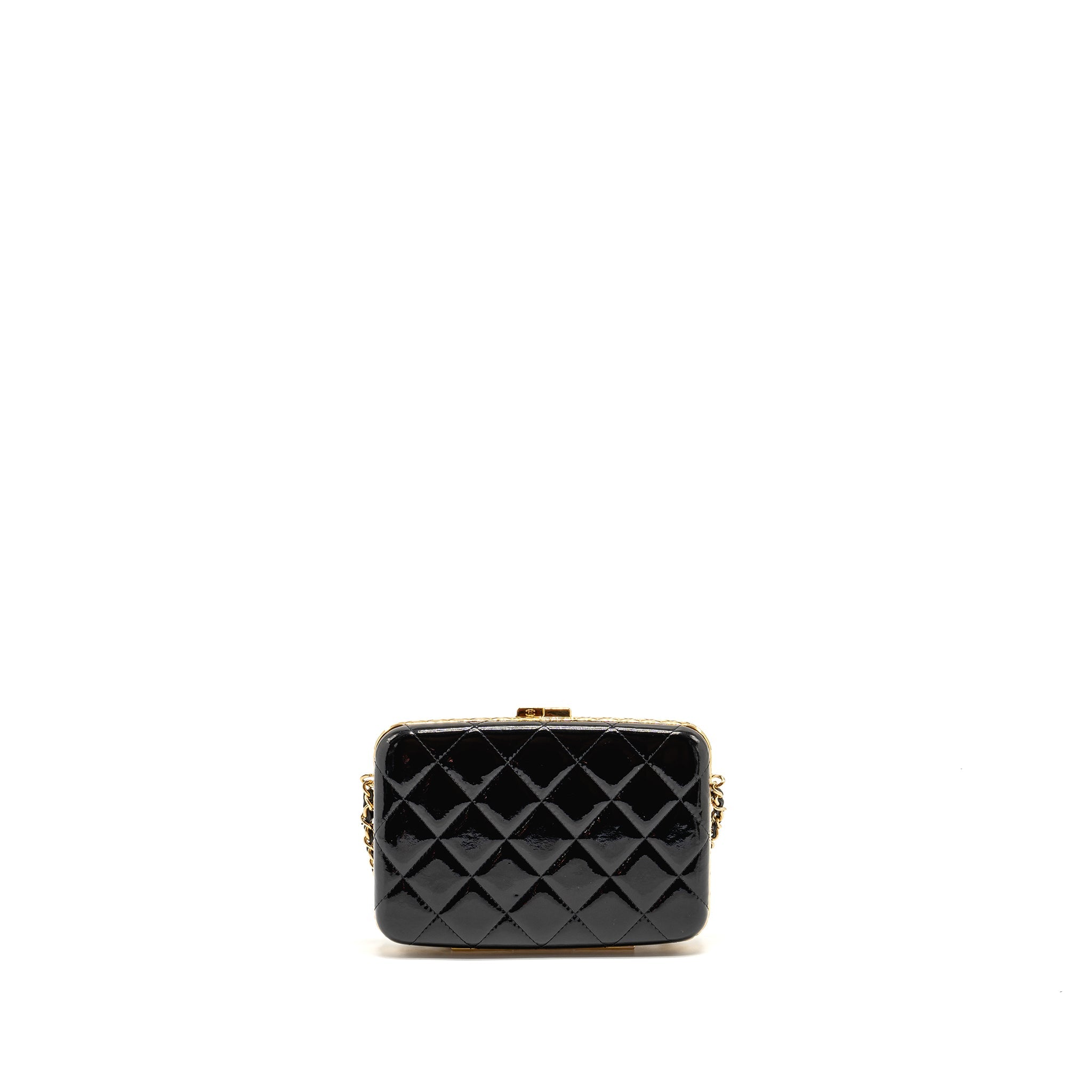 CHANEL 21A CC BOX WITH CHAIN PATENT BLACK GHW