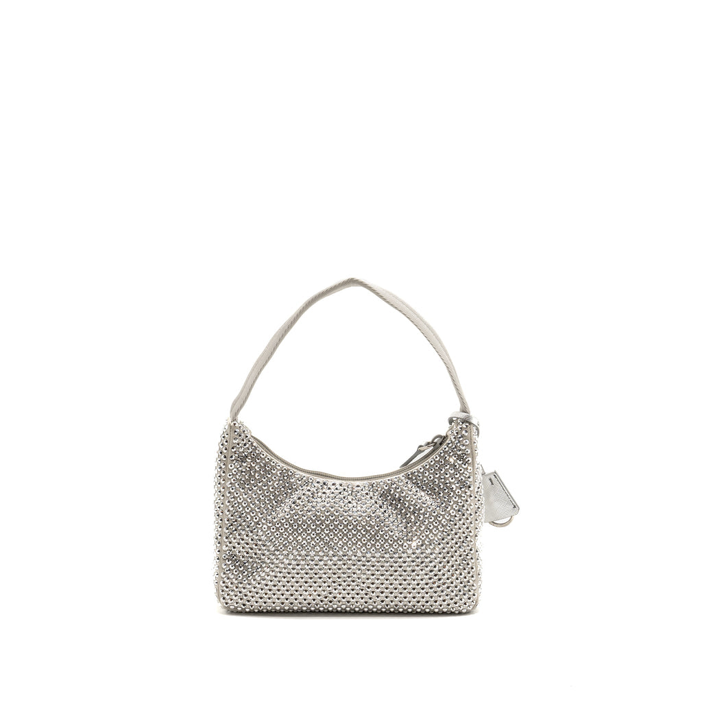 PRADA RE-EDITION SATIN CRYSTAL MINI BAG SILVER SHW