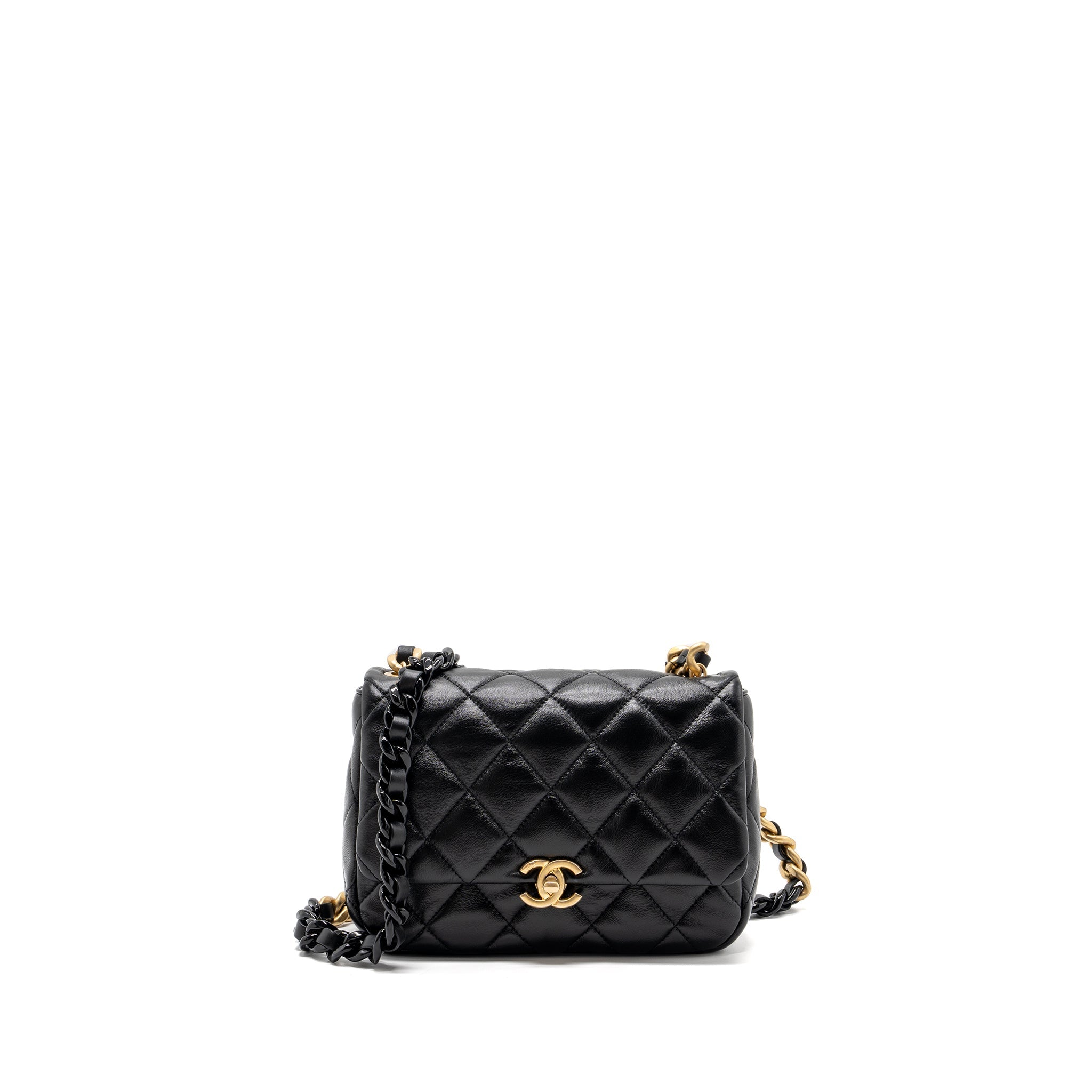 CHANEL QUILTED FLAP BAG GIANT CHAIN LAMBSKIN BLACK GOLD AND BLACK HARDWARE (MICROCHIP)