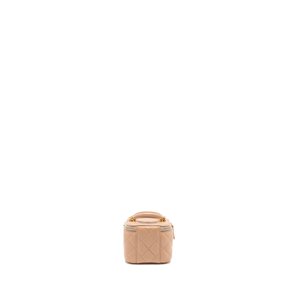 CHANEL TOP HANDLE MINI VANITY CASE WITH CHAIN LAMBSKIN BEIGE BRUSHED GHW