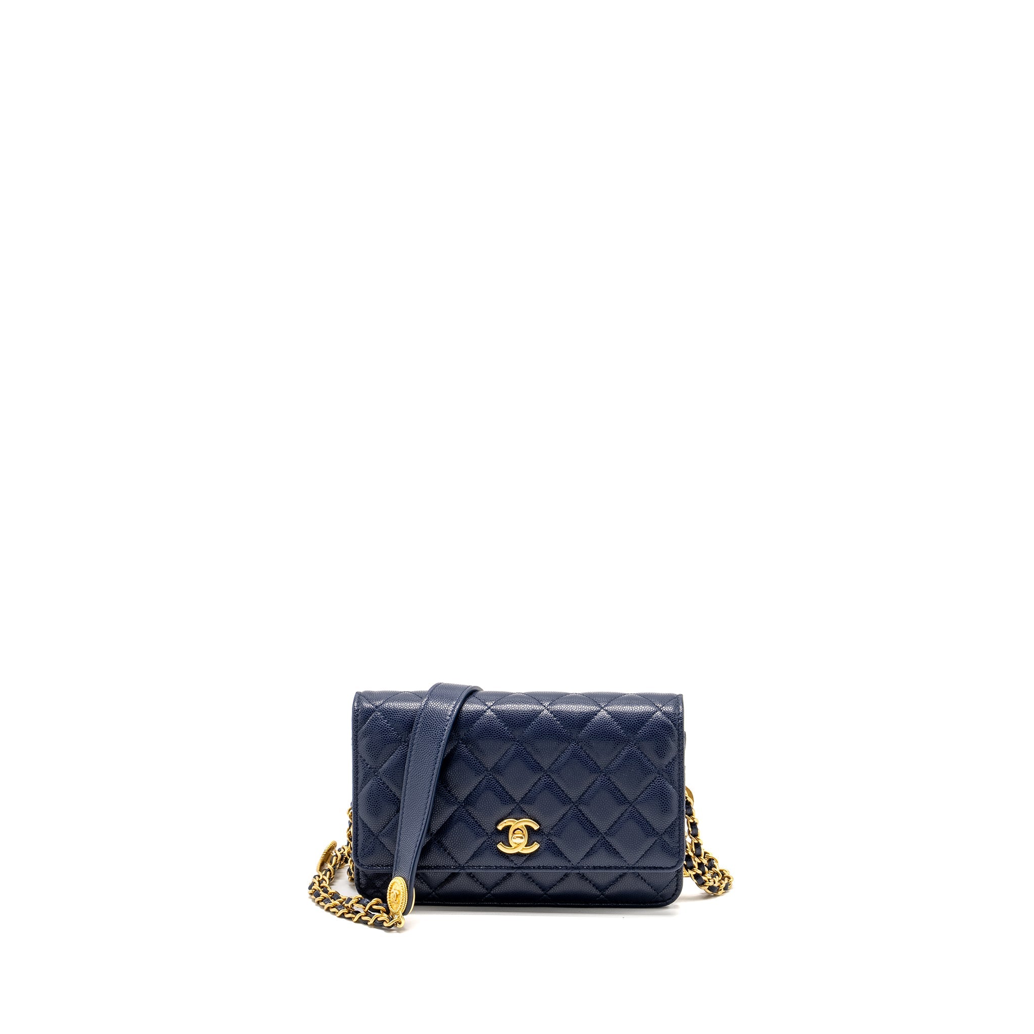 CHANEL 22A TWIST YOUR BUTTON WALLET ON CHAIN CAVIAR NAVY GHW (MICROCHIP)