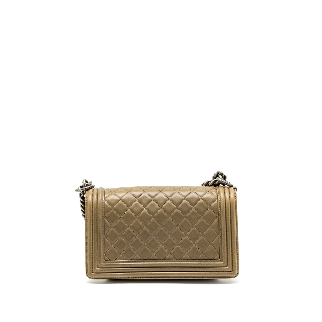 CHANEL MEDIUM BOY BAG LAMBSKIN KHAKI RUTHENIUM HARDWARE