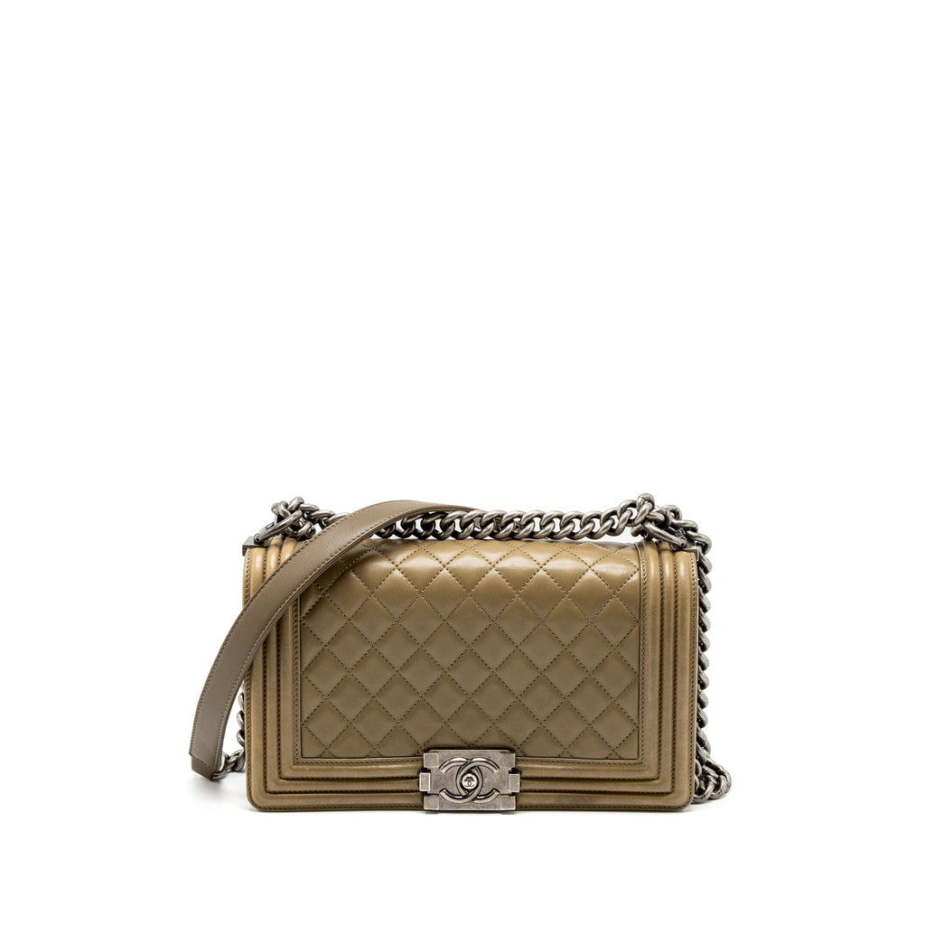 CHANEL MEDIUM BOY BAG LAMBSKIN KHAKI RUTHENIUM HARDWARE