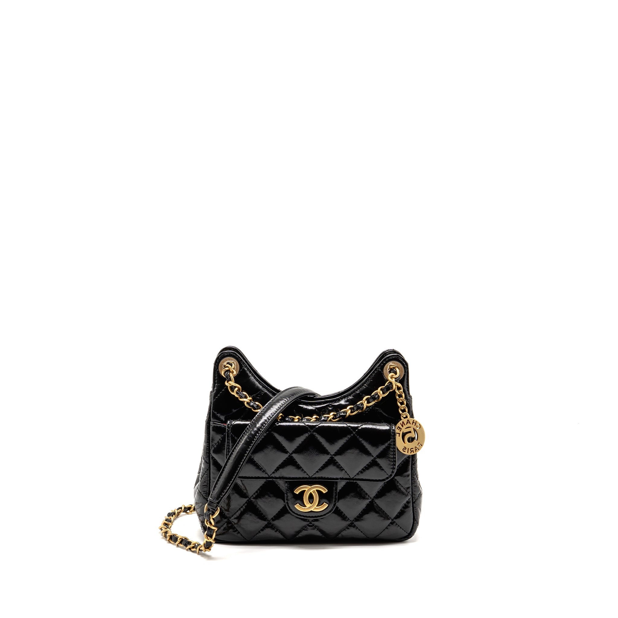 CHANEL 23B SMALL HOBO BAG SHINY CALFSKIN BLACK GHW (MICROCHIP)