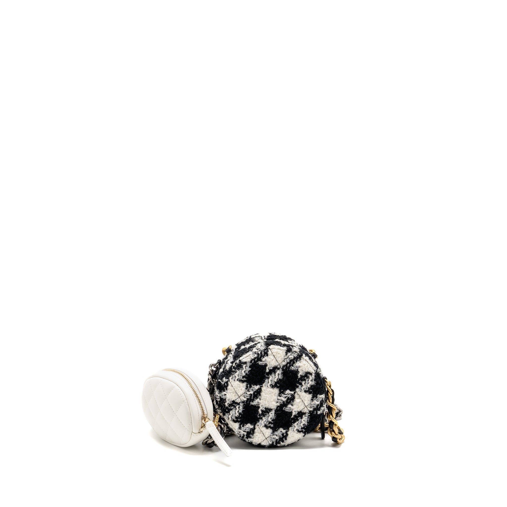 CHANEL 19 ROUND CLUTCH  WITH CHAIN WITH COIN PURSE TWEED / LAMBSKIN BLACK/ WHITE GHW