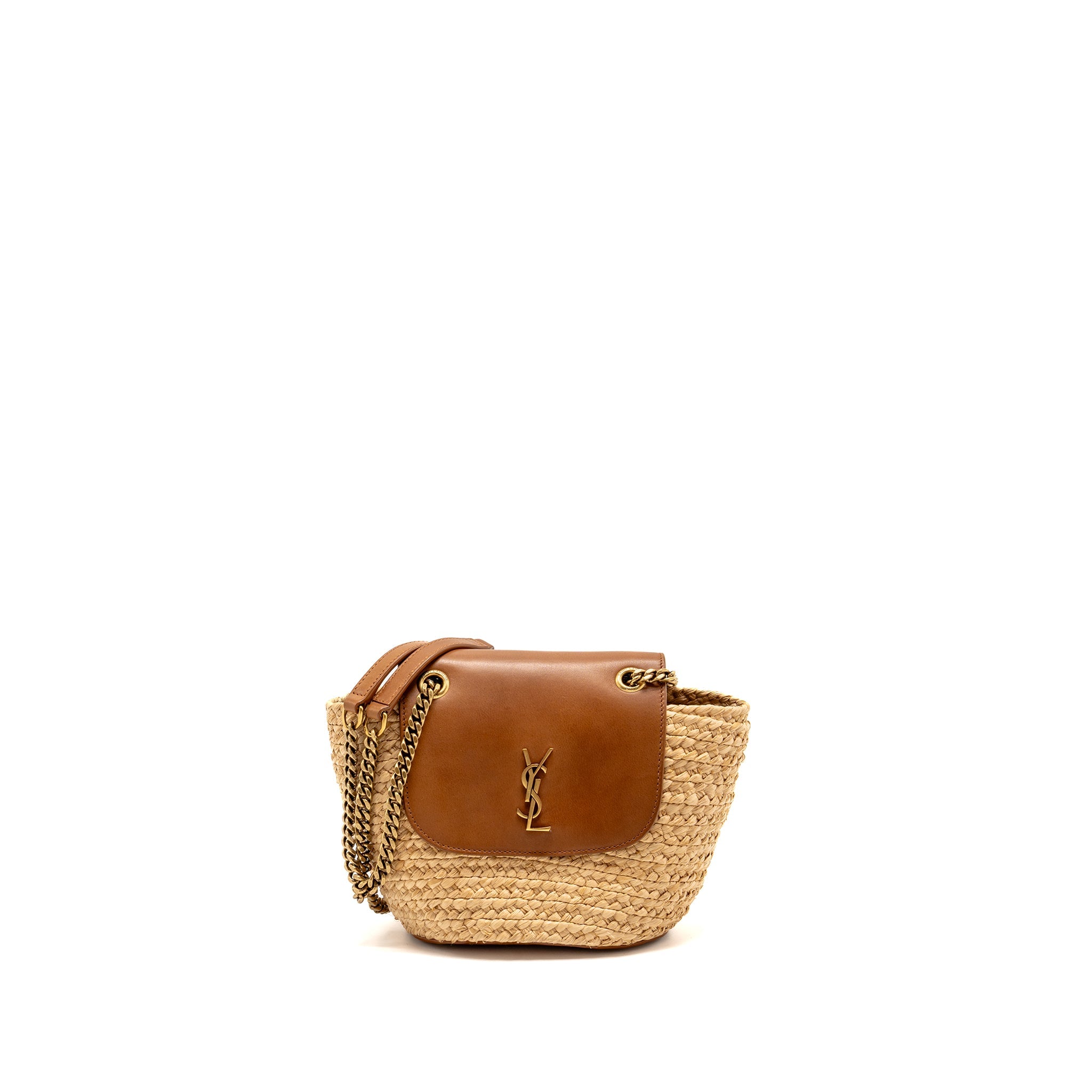 SAINT LAURENT MINI BASKET BAG RAFFIA/CALFSKIN LEATHER BROWN GHW