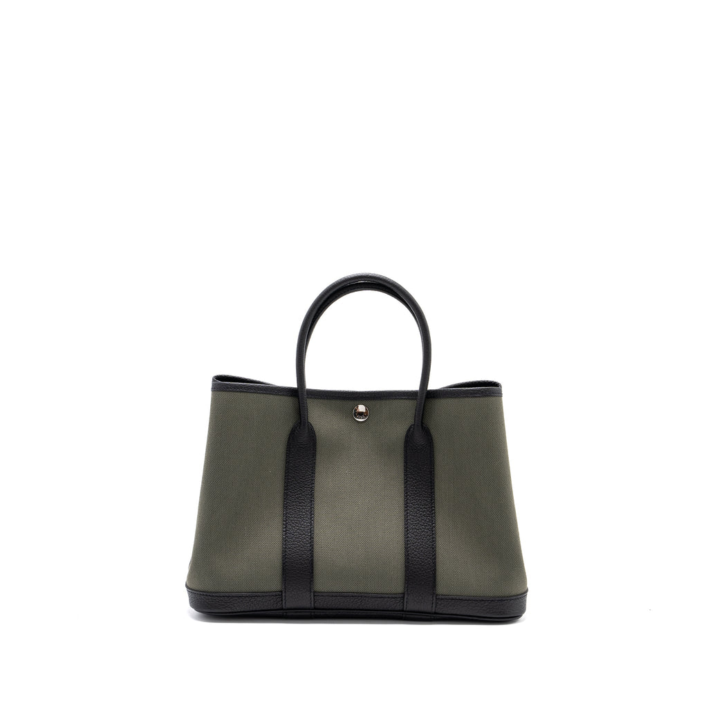 HERMES GARDEN PARTY 30 TOILE MILITAIRE/NEGONDA VERT DE GRIS/BLACK SHW