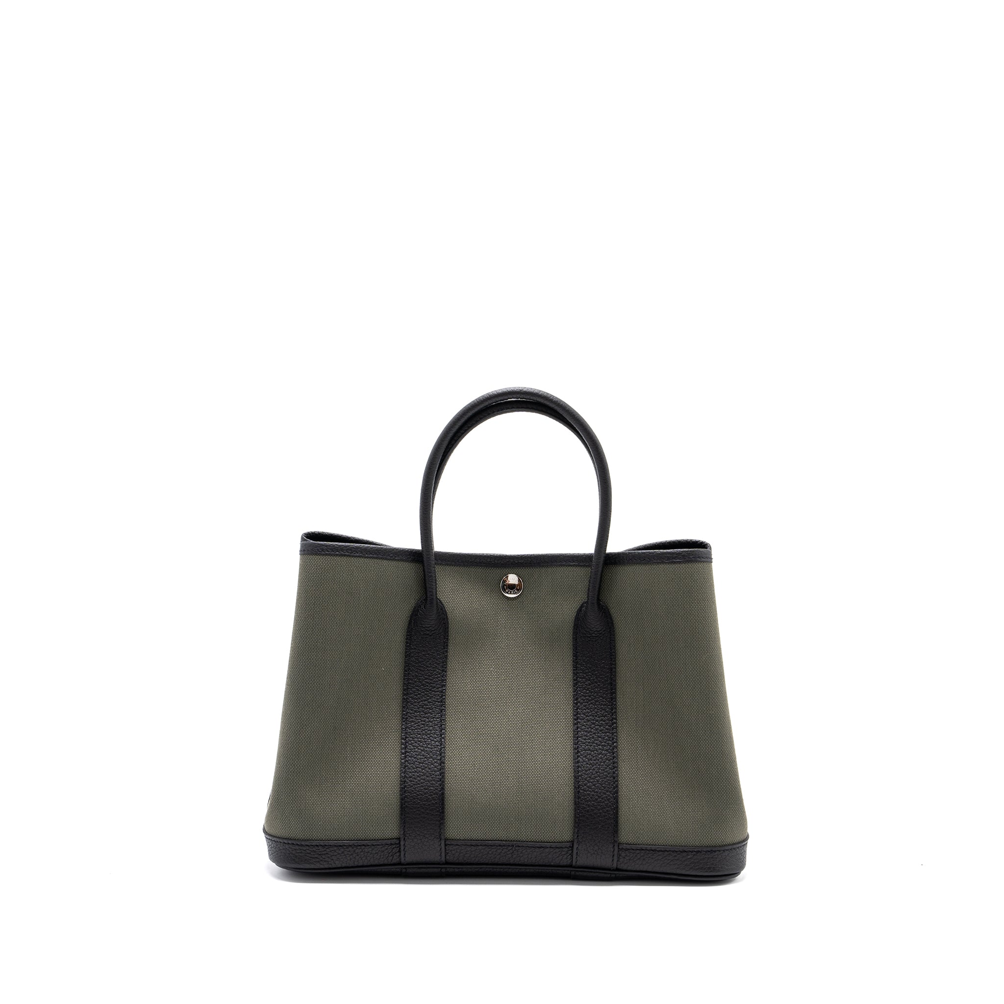 HERMES GARDEN PARTY 30 TOILE MILITAIRE/NEGONDA VERT DE GRIS/BLACK SHW