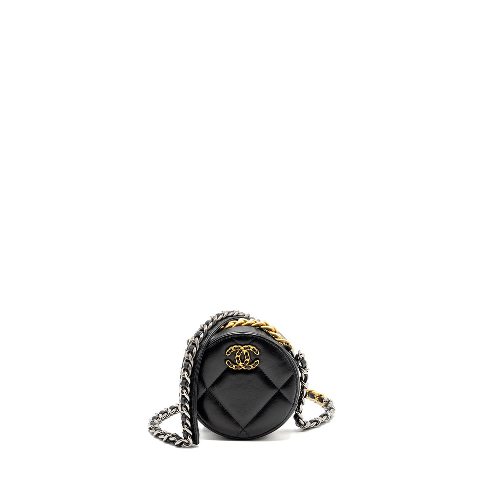 CHANEL 19 ROUND CLUTCH WITH CHAIN LAMBSKIN BLACK WITH MULTICOLOR HARDWARE