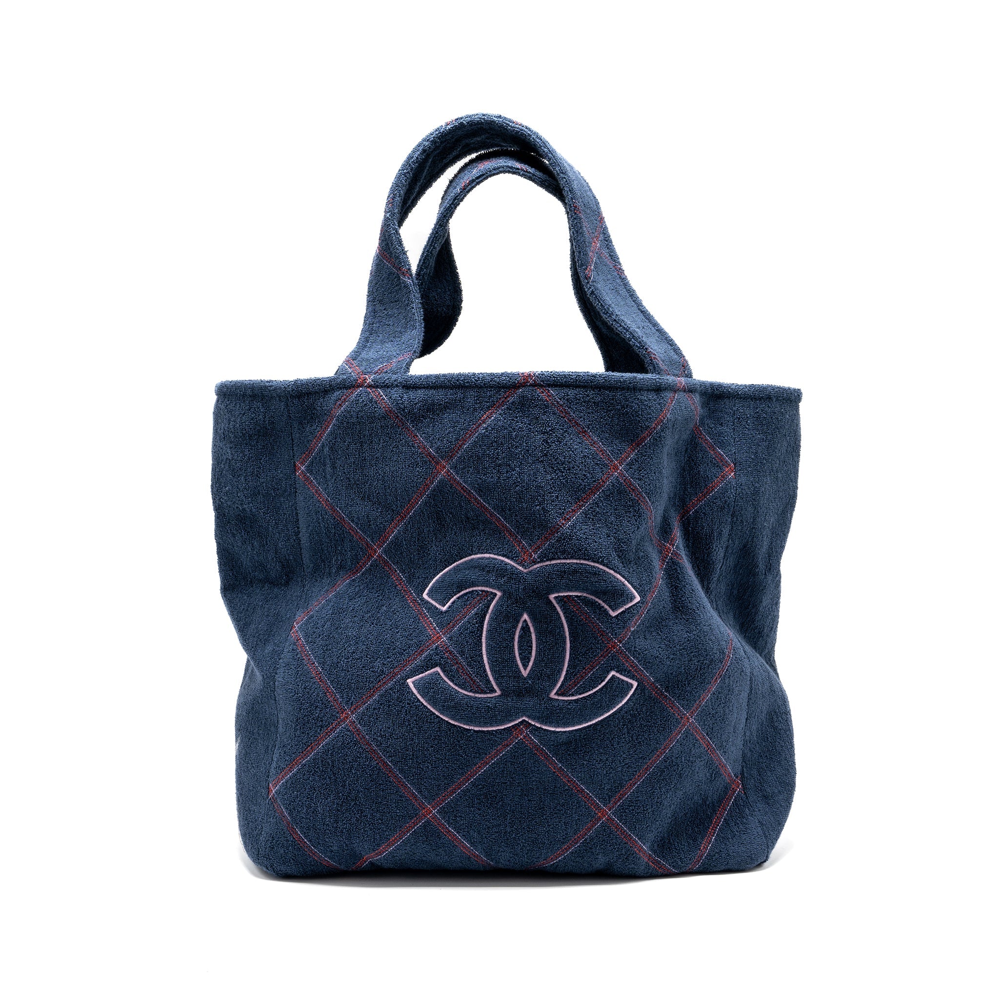 CHANEL COCO BEACH TOTE BAG WITH TOWEL/POUCH SET TERRY CLOTH NAVY SHW