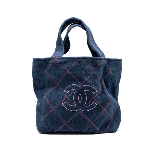 CHANEL COCO BEACH TOTE BAG WITH TOWEL/POUCH SET TERRY CLOTH NAVY SHW