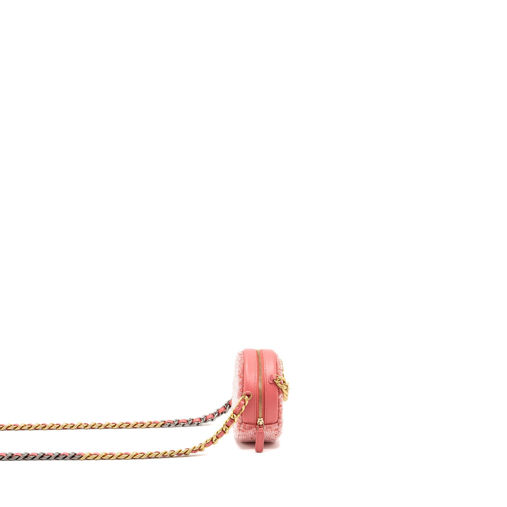 CHANEL 19 ROUND PURSE WITH CHAIN SEQUINS PINK MULTICOLOUR HARDWARE