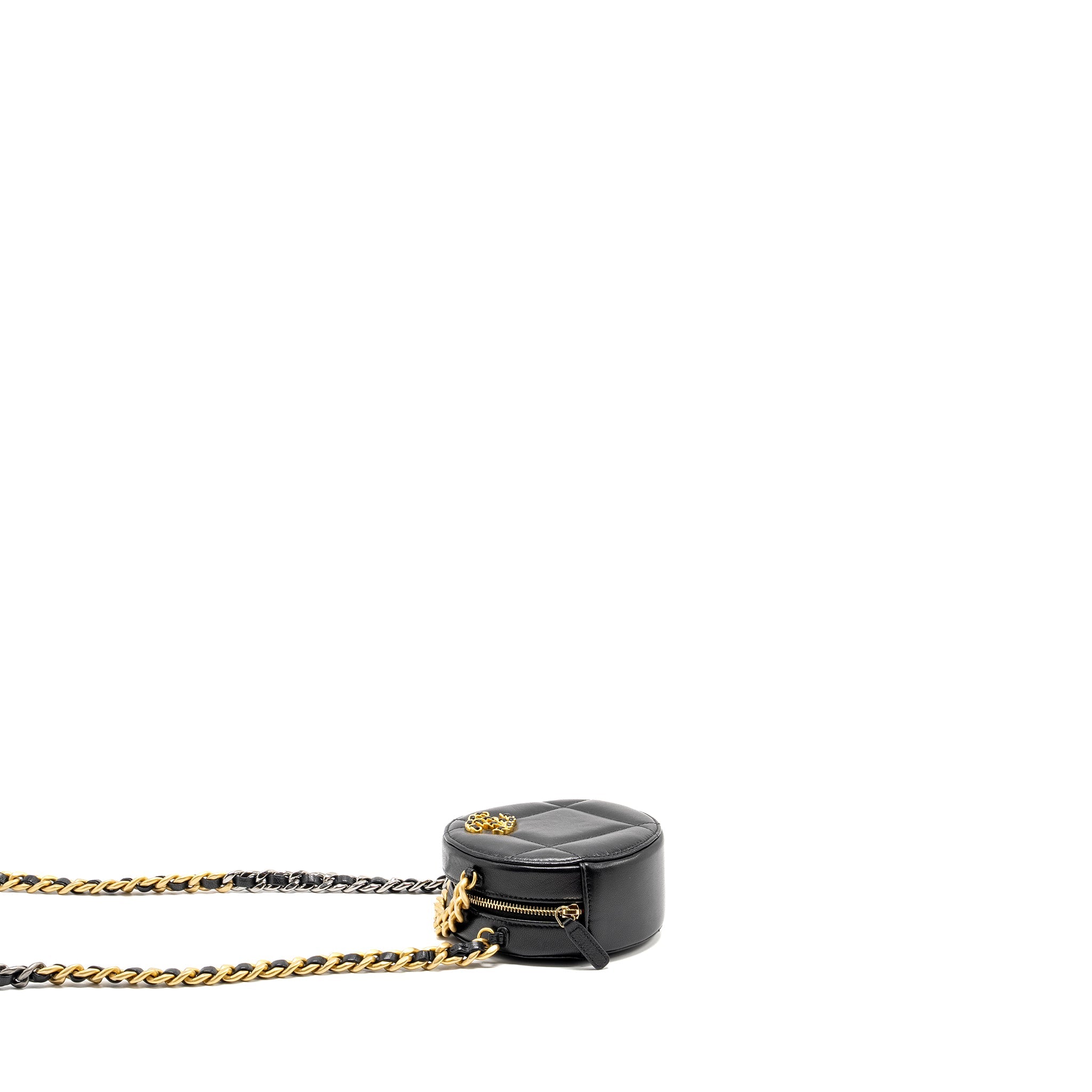 CHANEL 19 ROUND CLUTCH WITH CHAIN LAMBSKIN BLACK WITH MULTICOLOR HARDWARE