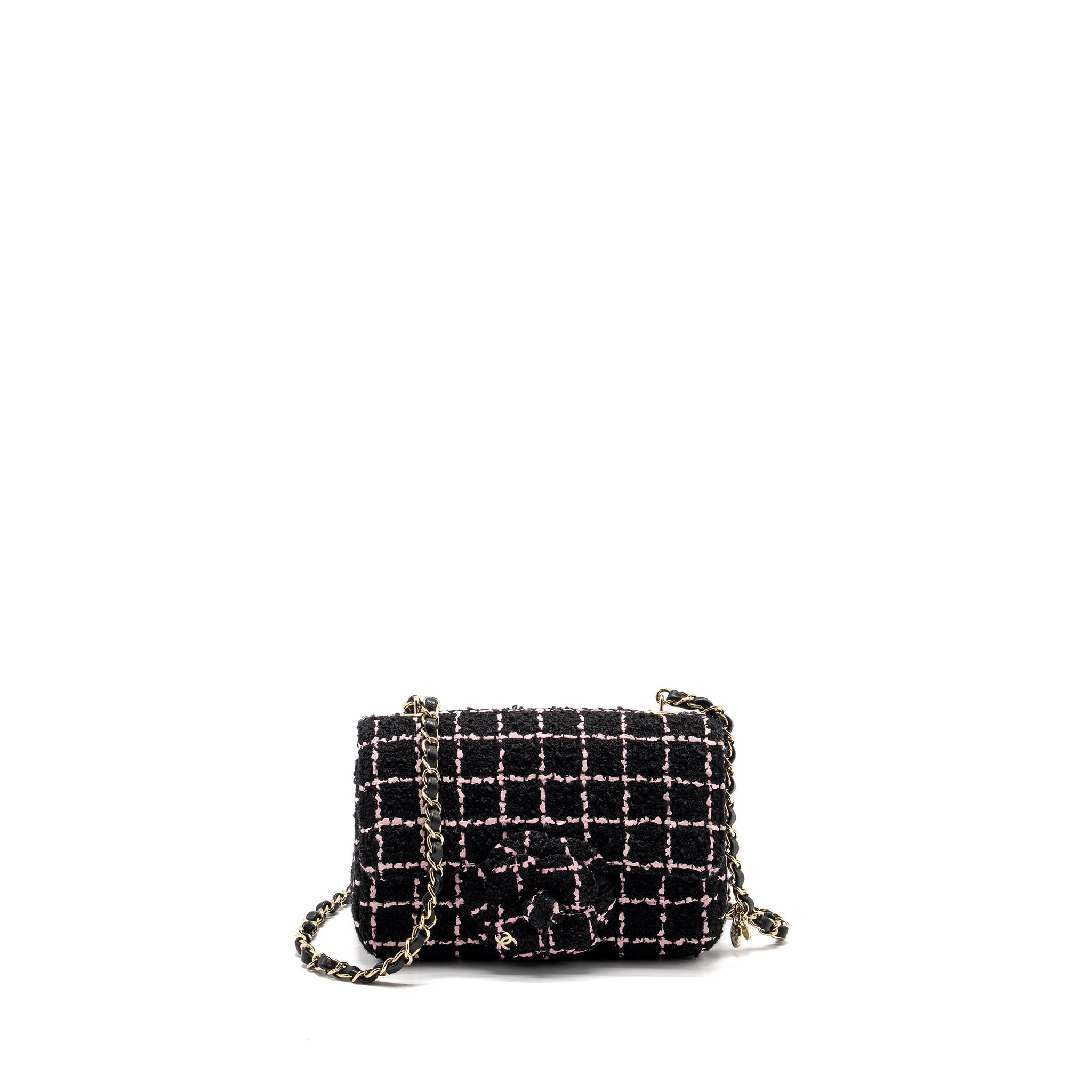 CHANEL 23K FLOWER BOMB MINI RECTANGULAR FLAP BAG TWEED BLACK/PINK LGHW (MICROCHIP)