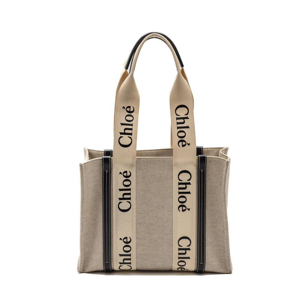 CHLOE MEDIUM WOODY TOTE BAG CANVAS/CALFSKIN WHITE/BLUE