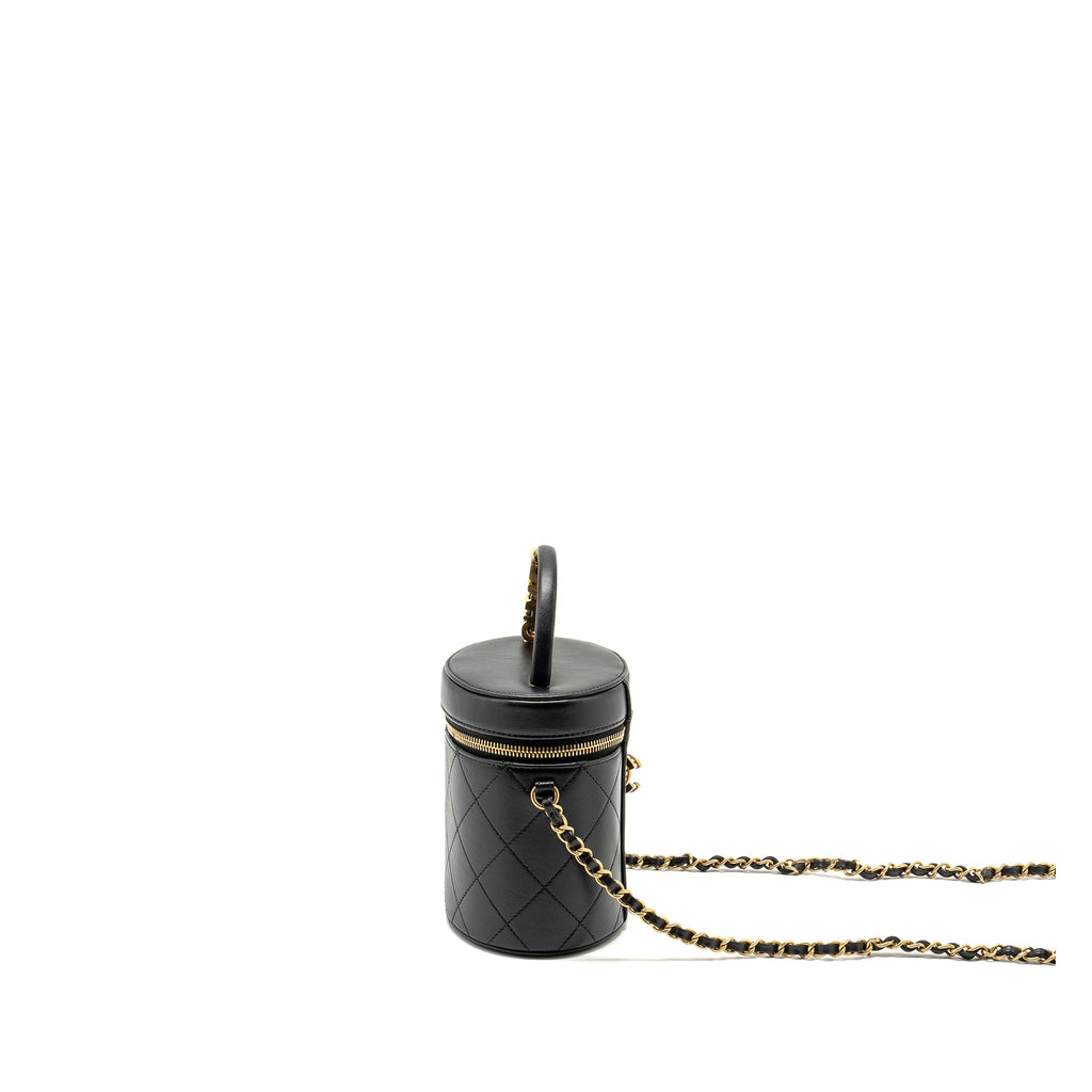 CHANEL PEARL LETTER LOGO DETAILED VANITY CASE CALFSKIN BLACK GHW