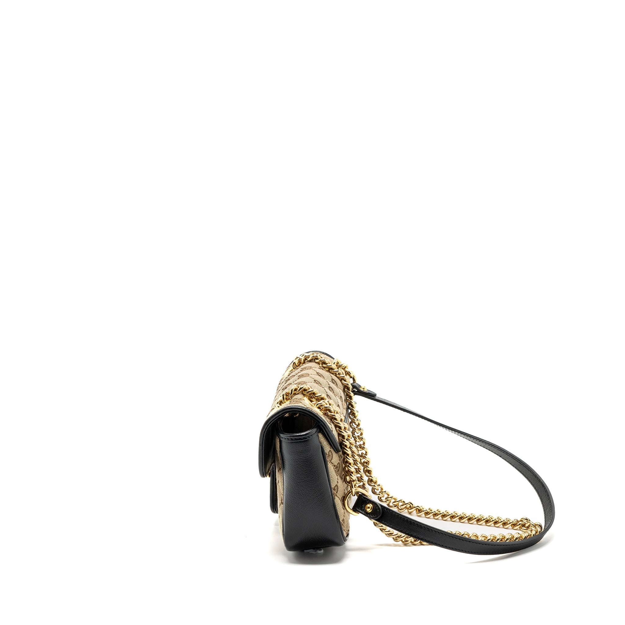 GUCCI MINI GG MARMONT BAG GG CANVAS / LEATHER BEIGE/ BLACK GHW