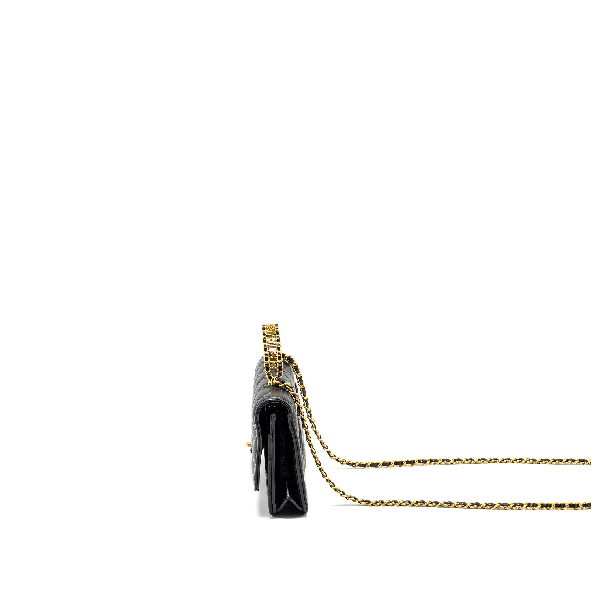 CHANEL LETTER LOGO TOP HANDLE WALLET ON CHAIN LAMBSKIN BLACK GHW (MICROCHIP)