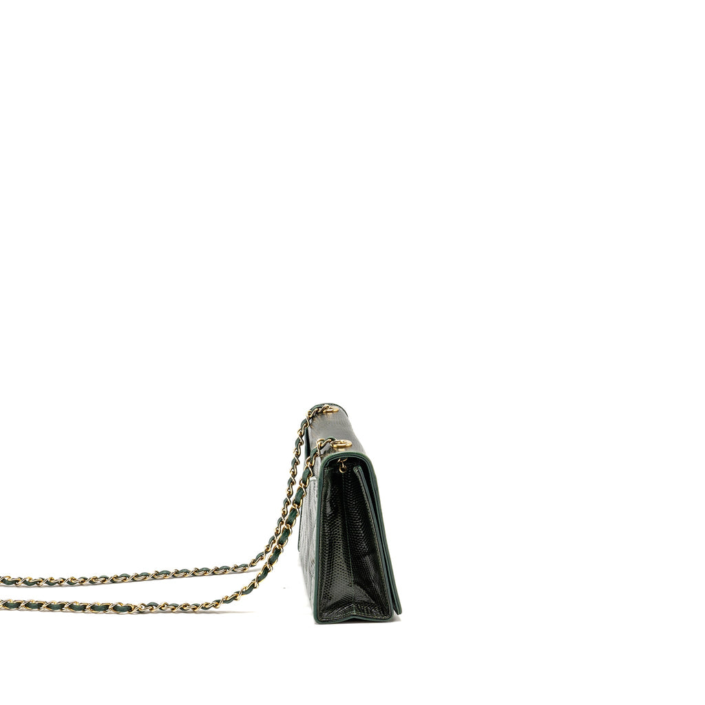 CHANEL VINTAGE ENVELOP FLAP BAG WITH CHAIN LIZARD DARK GREEN GHW