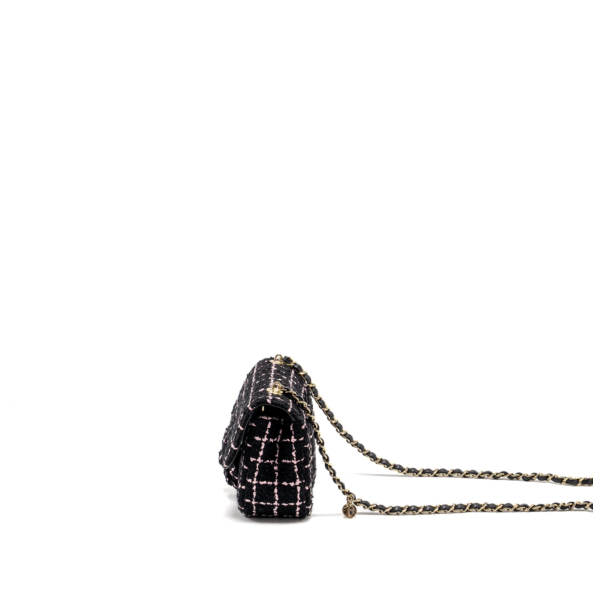CHANEL 23K FLOWER BOMB MINI RECTANGULAR FLAP BAG TWEED BLACK/PINK LGHW (MICROCHIP)
