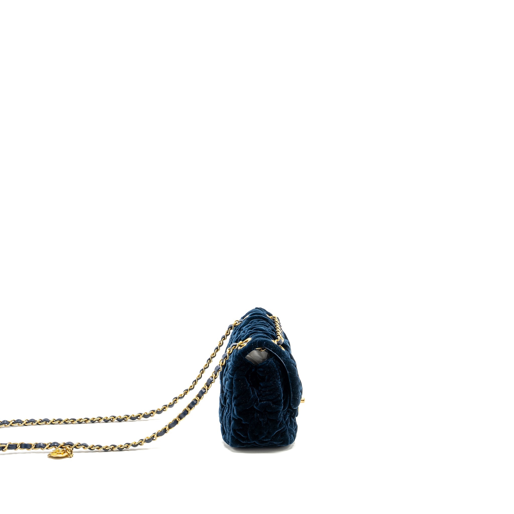 CHANEL CAMELLIA EMBOSSED MINI SQUARE FLAP BAG VELVET NAVY GHW (MICROCHIP)