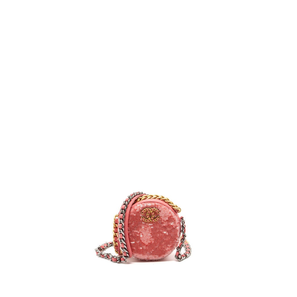 CHANEL 19 ROUND PURSE WITH CHAIN SEQUINS PINK MULTICOLOUR HARDWARE